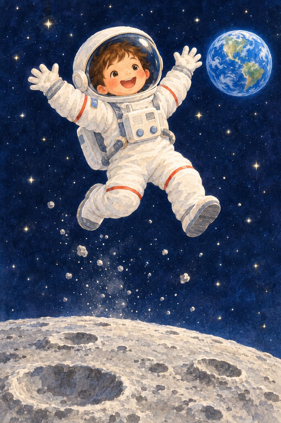 Storybook picture: a happy child astronaut jumping high above the Moon