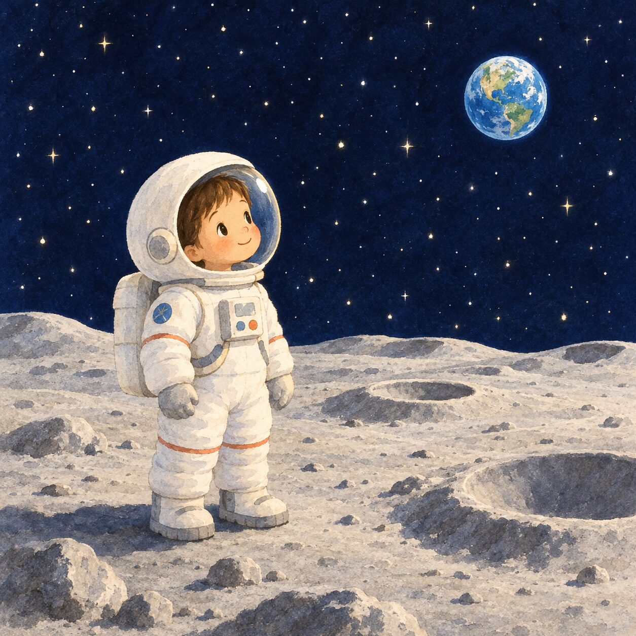 Storybook picture: a child astronaut standing on the gray, dusty Moon