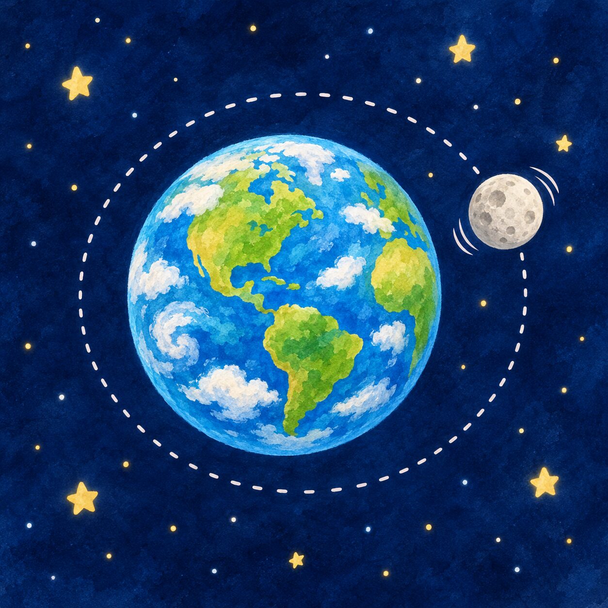 Storybook picture: the Moon traveling around Earth on a dotted path